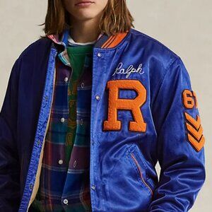 Mens Polo Ralph Lauren Satin Letterman Jacket Blue Yacht New Sizes M & L